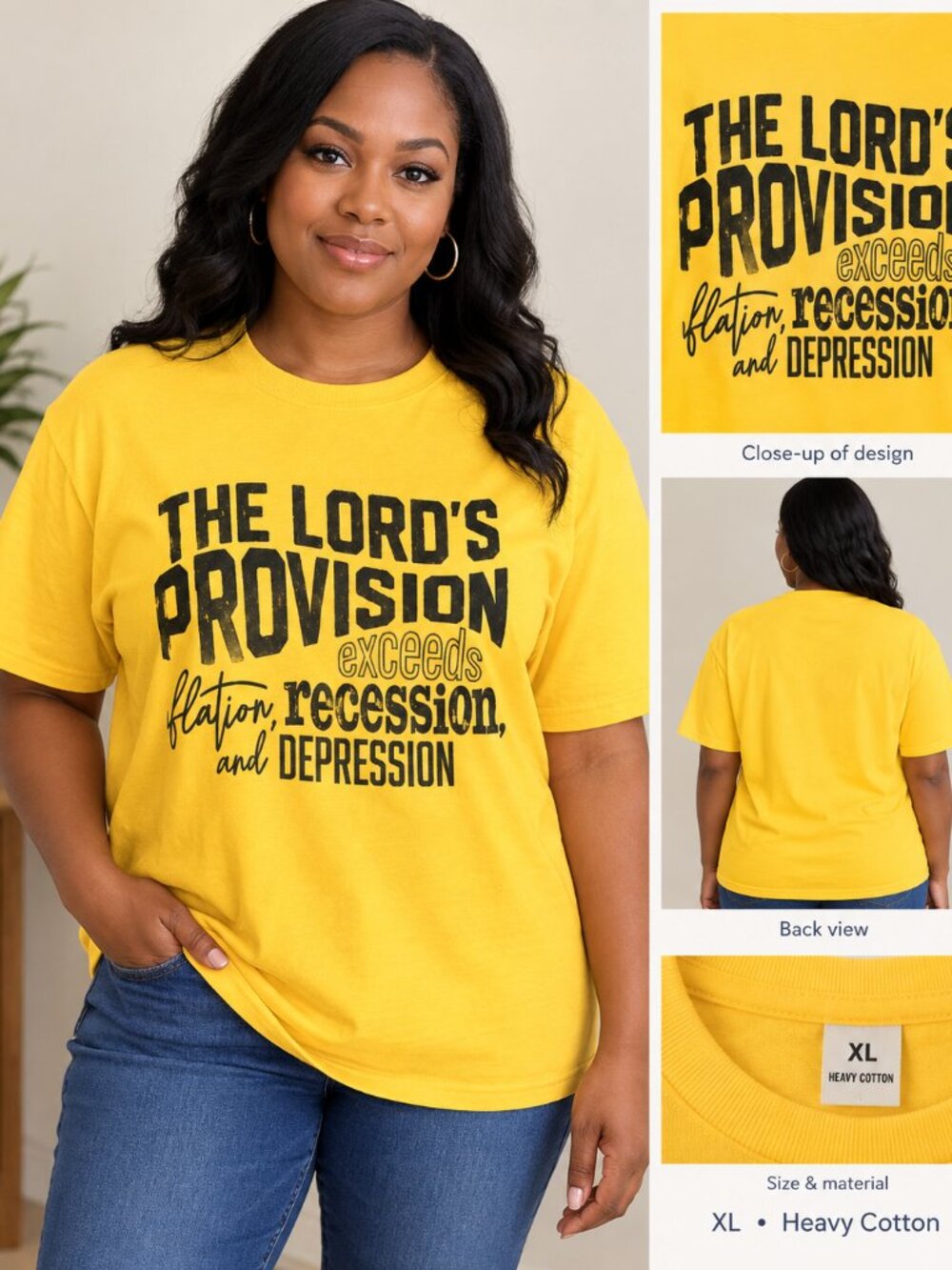 Gildan XL The Lord’s Provision Graphic Christian Yellow T-Shirt
